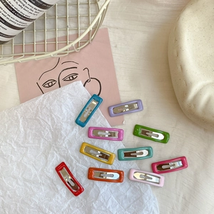 Set of 10 colorful candy-colored rectangular snap hair clips for kids in Korean style