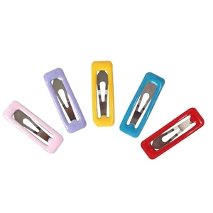 Five colorful candy-colored square BB hair clips for children in a minimalist fan arrangement