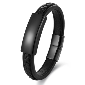 Men's minimalist black braided leather bracelet with magnetic buckle and metal ID plate