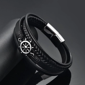 Herren Lederarmband geflochten mit silbernem Ruderanhänger und Magnetverschluss