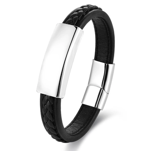Men's black woven leather bracelet with polished silver stainless steel magnetic clasp