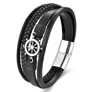Herren Lederarmband geflochten mit Edelstahl Steuerrad Anhänger und Magnetverschluss