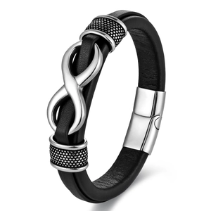 Pulsera de hombre en cuero negro con símbolo infinito y cierre magnético de acero