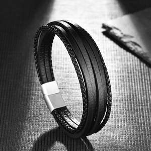Multi-layer black braided leather bracelet for men with polished stainless steel clasp