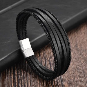 Men's Multi-layer Woven Microfiber Leather Bracelet With Stainless Steel Magnetic Clasp Punk Fashion Minimalist Jewelry