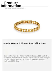 Gedetailleerde maten voor een 220mm lange roestvrijstalen fietsketting armband in goud