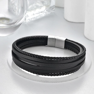 Men's multilayer braided black leather bracelet with brushed stainless steel magnetic clasp