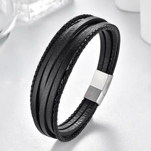 Men's multilayer braided black leather bracelet with silver stainless steel clasp