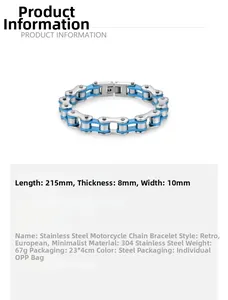 Detail view of 215mm stainless steel bike chain bracelet with dimensions and measurements