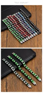 Detail of industrial bicycle chain bracelets in multiple colors with stainless steel link