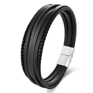 Men's multilayer black braided leather bracelet with brushed stainless steel magnetic clasp