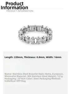 Detailed specs of stainless steel bicycle chain bracelet with 220mm length and 16mm width