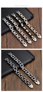 Macro shot of stainless steel motorcycle chain bracelets in multiple metallic color finishes