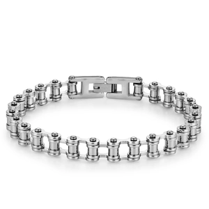 Fietsketting armband van titanium staal in zilver met een stevige vouwsluiting