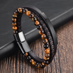 Men Multi-Layer Yellow Tiger Eye Beaded Bracelet Handmade Woven Leather Rope Stainless Steel Magnetic Clasp Trendy Jewelry