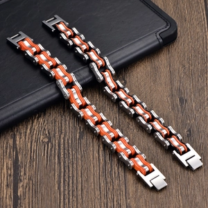 Mens stainless steel hip hop motorcycle chain bracelet with vibrant orange silicone accents