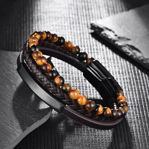 Men's multi-layer tiger eye stone beads and braided leather bracelet with black metal clasp