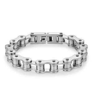 Men's stainless steel bicycle chain bracelet with brushed silver finish and fold-over clasp
