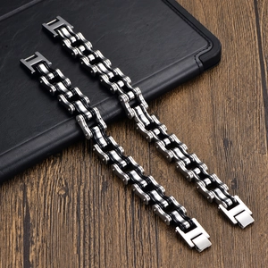 Men's stainless steel motorcycle chain bracelet with black silicone inserts in silver finish