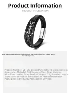 Detailansicht eines Herren-Ankerarmbands aus Leder mit silbernem Magnetverschluss aus Stahl
