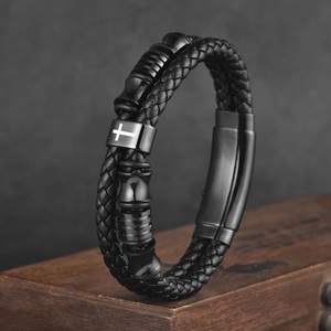 Herren Edelstahl Geflochtenes Lederarmband Kreuz Magnetverschluss Religiöse Bibelvers Doppellagiger Punk Schmuck Geschenk