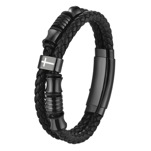 Herren Armband aus zweilagigem schwarzem Ledergeflecht mit Kreuzperle und Magnetverschluss