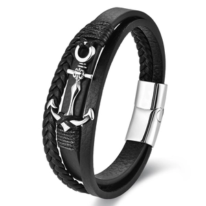 Mehrlagiges schwarzes Herren-Lederarmband mit silbernem Anker-Anhänger und Magnetverschluss