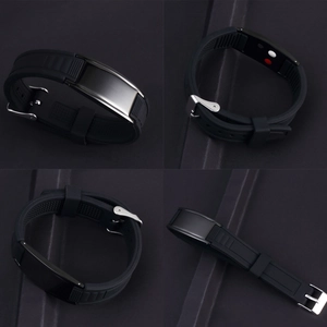 Detailed view of men's adjustable black silicone sports bracelet with functional inlays