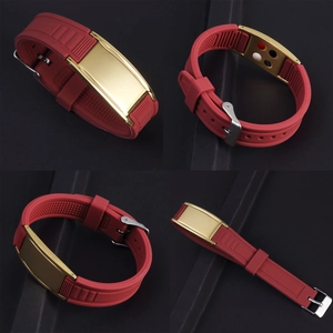 Detailed view of adjustable silicone bracelet with magnetic energy elements and gold plating