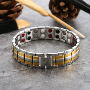 Polished silver and gold stainless steel magnetic bracelet for men with double row stones