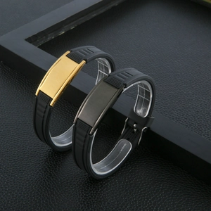 Men Adjustable Silicone Bracelet With Stainless Steel Metal Plate Fashion Punk Magnetic Wristband For Daily Sport Jewelry