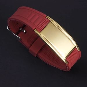 Adjustable red silicone bracelet with polished gold metal plate for men in punk style