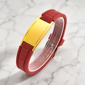 Men's punk style adjustable silicone bracelet with gold-polished stainless steel ID plate