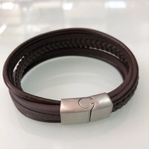 Men's dark brown multilayer braided leather bracelet with brushed metal magnetic clasp