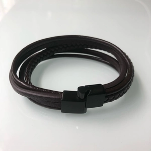 Handcrafted multi-layer dark brown leather bracelet with black matte stainless steel clasp