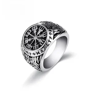 Vintage silver Viking compass ring for men with Vegvisir symbol and rune engravings