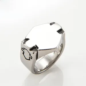 Polished stainless steel signet ring for men with shield shape and industrial geometric lines
