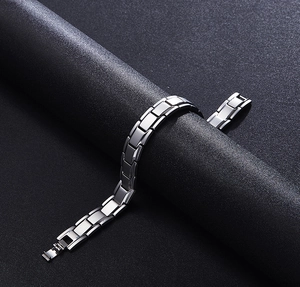 Polished silver stainless steel bracelet for men with 12mm wide links and folding clasp
