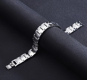 Polished stainless steel men's bracelet with dual row magnets and classic folding clasp
