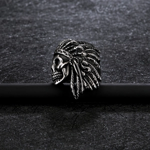 Anillo de Calavera de Jefe Indio de Acero Inoxidable Vintage para Hombre Gótico Punk Biker Pluma Joyería de Regalo