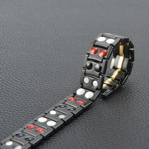 Men's magnetic health bracelet in black stainless steel with double row functional beads