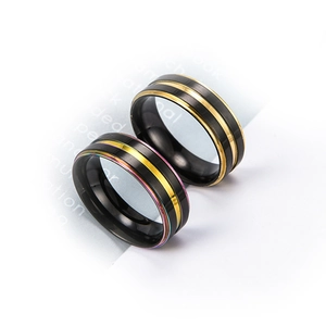 Fashionable black stainless steel men's ring with gold groove and rainbow edge
