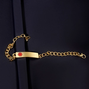 Gold stainless steel medical alert bracelet for men featuring a red Star of Life symbol