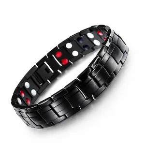 Men's black stainless steel magnetic therapy bracelet with double row functional magnets