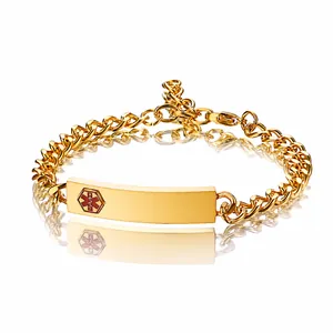 Gold medical alert ID bracelet with red Star of Life symbol and Cuban link chain