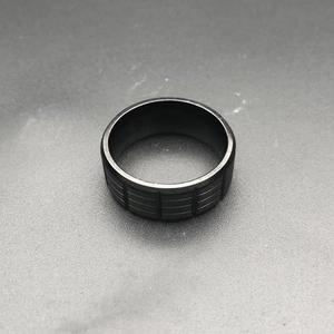 Macro shot of men's matte black stainless steel ring with geometric vertical textured patterns