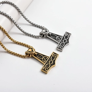 Viking Thor's Hammer Mjolnir pendant necklace with ram head and Celtic knot in gold and silver