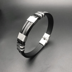 Modern Men 304 Stainless Steel Silicone Bracelet Punk Rock Industrial Black Mesh Inlay Wristband For Male Jewelry 22cm