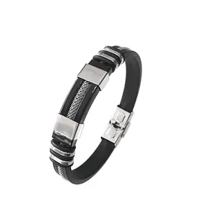 Minimalist black silicone and stainless steel bracelet for men with fold-over clasp