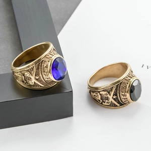 Golden stainless steel US Army signet ring featuring blue and black faceted rhinestones